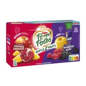 Compotes Battle2Fruits Pomme Ananas Grenad, Pomme Framboise Mûre 12x90g - POM' POTES