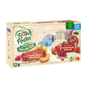 Compotes Pomme Pêche Framboise et Pomme Fraise Grenade 12x90g - POM'POTES