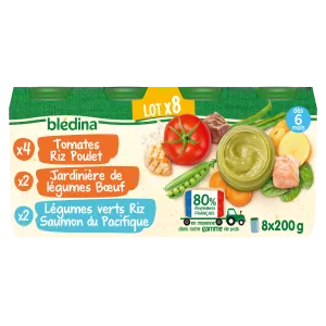 Sufuria ndogo ya mtoto kutoka miezi 6 ya kuku wa wali wa nyanya, mpanda mboga nyama ya ng'ombe na mboga za kijani mchele wa lax 8*200g - BLÉDINA