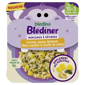 Plat bébé soir dès 15 mois morceaux de carottes jaunes épinards pâtes coquilles et crème Blédiner 200g -BLEDINA