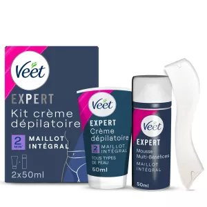 Kit Crème Dépilatoire Expert Maillot Intégral au Beurre de Karité Poils Tenaces 2 Minutes 2x50ml - VEET