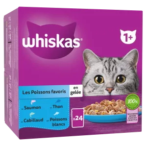 Pâtée pour chat adulte les poissons favoris en gelée (goût saumon, thon, cabillaud et poisson blanc) 24x85g - WHISKAS