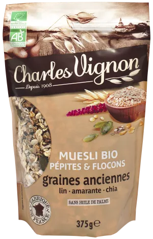 Céréales muesli pépites et flocons graines anciennes Bio 375g - CHARLES VIGNON