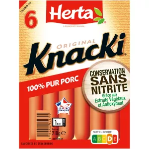 Saucisses Knacki Original 100% Pur Porc Conservation Sans Nitrite, 210g - HERTA