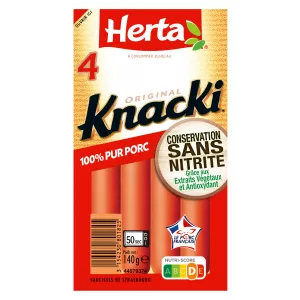 Saucisses Knacki 100% Pur Porc Sans Nitrite, 140g - HERTA