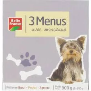 Tablett für Hunde 3 Menüs mit Stücken (Rindfleisch Huhn Ageuau) 3*300g - BELLE FRANCE
