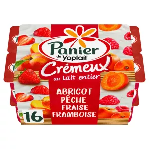 Yaourt aux fruits au lait entier crémeux panaché abricot pêche fraise framboise 16x125g - PANIER DE YOPLAIT