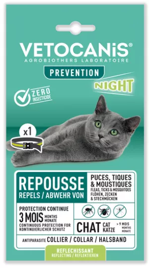 Collier antiparasitaire (tiques, puces, moustiques) réfléchissant pour chat de plus de 9 mois (durée 3 mois) - VETOCANIS