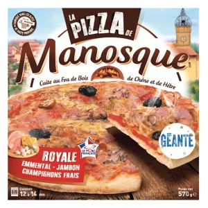 Pizza surgelée géante Royale emmental jambon champignons 570 g - PIZZA MANOSQUE