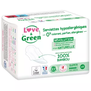 Serviettes Hygiéniques Hypoallergéniques et Ecologiques Super x12 - LOVE & GREEN