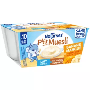 Bebek tatlısı P'tit Muesli muz mango ilave şekersiz 10. aydan itibaren 4 x 90 g - NATURNES