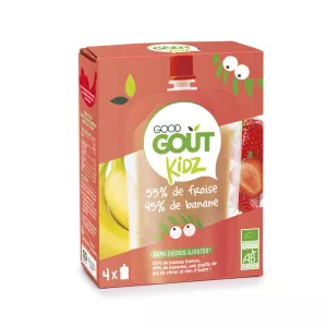 Gourde fraise et banane sans sucres ajoutés Bio, 4x90g, GOOD GOUT