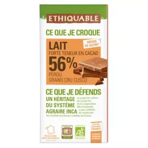 Chocolat au lait 56% cacao Pérou Bio 100g -ETHIQUABLE