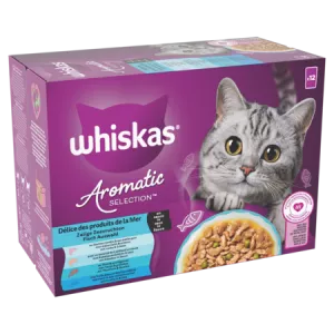 Patée Aromatic pour chat adulte en sauce saveur produits de la mer (saumon, cabillaud, petits pois) 12x85g - WHISKAS