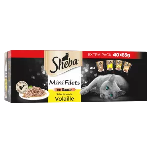 Pâtée pour chat adulte mini filets en sauce saveurs volaille, canard, poulet, dinde, bœuf 40x85g - SHEBA