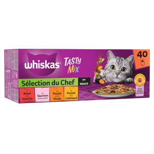 Pâtée en sauce Tasty mix sélection du chef pour chat adulte goût bœuf, volaille, saumon, poulet, dinde et cabillaud 40x85g - WHISKAS