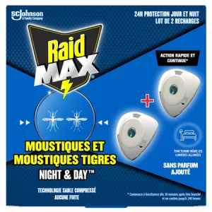 Anti-Moustiques Recharges Moustiques et Moustiques Tigres Sans Parfum Night & Day 2x 54ml - RAID