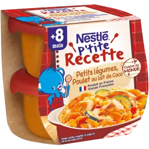 Ptit Recette Plat bébé dés 8 mois, petits légumes poulet au lait de coco 2*200G - NESTLÉ