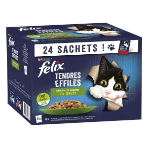 Pâtée pour chat adulte Tendres effilés en gelée goût bœuf, truite, poulet, saumon et légumes 24x85g - PURINA FELIX