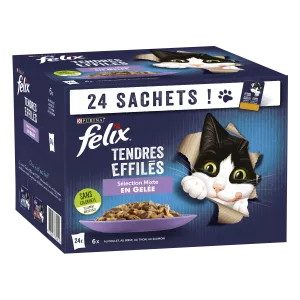 Pâtée pour chat adulte tendres effilés en gelée poulet, bœuf, thon et saumon 24x85g - PURINA FELIX