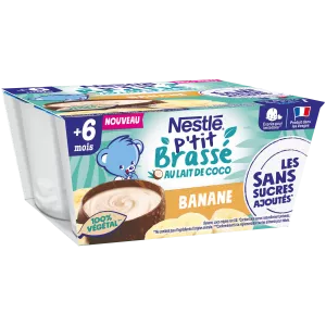 P'tit Brassé Dessert per neonati dai 6 mesi, con latte di cocco Banana 4x90g - NESTLE