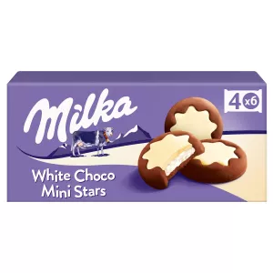 Biscuits fourrés au lait et nappés au chocolat blanc Mini Stars 150g - MILKA
