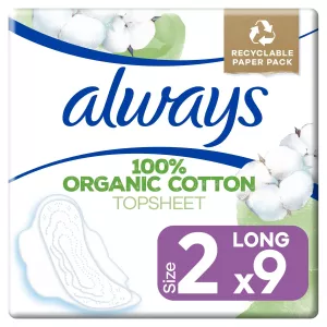Serviettes Hygiéniques avec Ailettes Voile Supérieur 100% Coton Bio Long Taille 2 x9 - ALWAYS