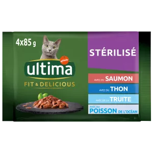 Pâté Pour Chat Adulte Stérilisé Au Saumon, Au Thon, à La Truite, Et Au Poisson De L'océan 4x85g - Ultima