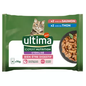 Pâtée bien-être digestif pour chat adulte stérilisé saveurs thon (x2) et saumon (x2) 4x70g - ULTIMA