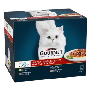 Pâtée pour chat adulte en filettines en sauce goûts poulet, agneau, canard et saumon 14x85g - GOURMET