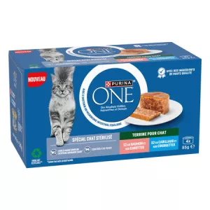 Pâtée pour chat adulte stérilisé en terrine saveur poissons et légumes (saumon, carotte et cabillaud, courgette) 4x85g - PURINA