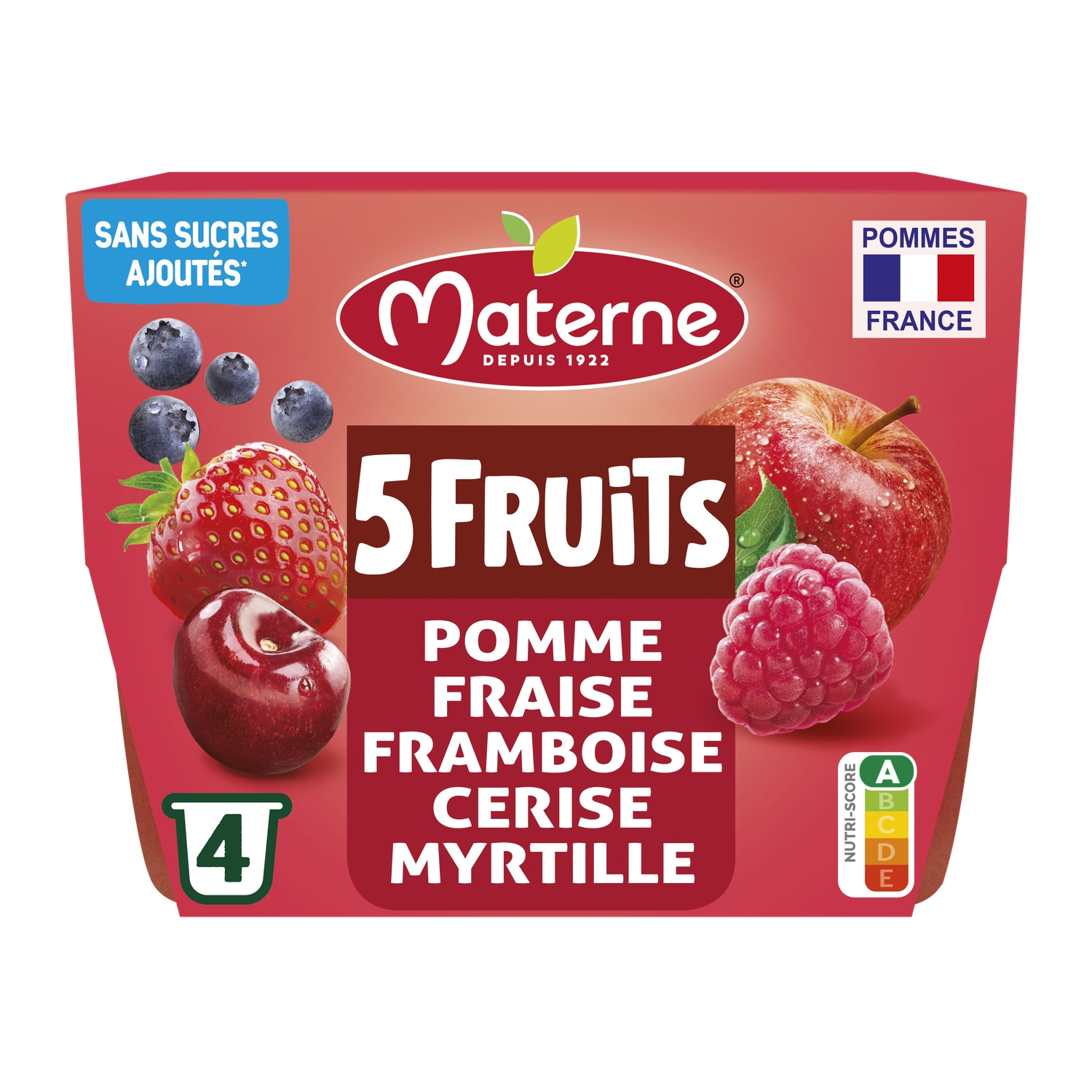 Compote 5 fruits rouges sans sucres ajoutés pomme, fraise, framboise, cerise, myrtille 4 x 100 g - MATERNE