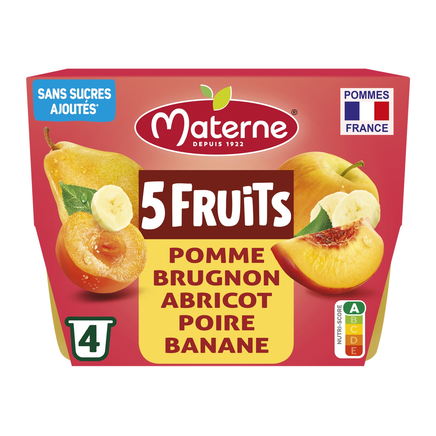 Compote 5 fruits jaunes sans sucres ajoutés pomme, brugnon, abricot, poire, banane 4 x 100 g - MATERNE