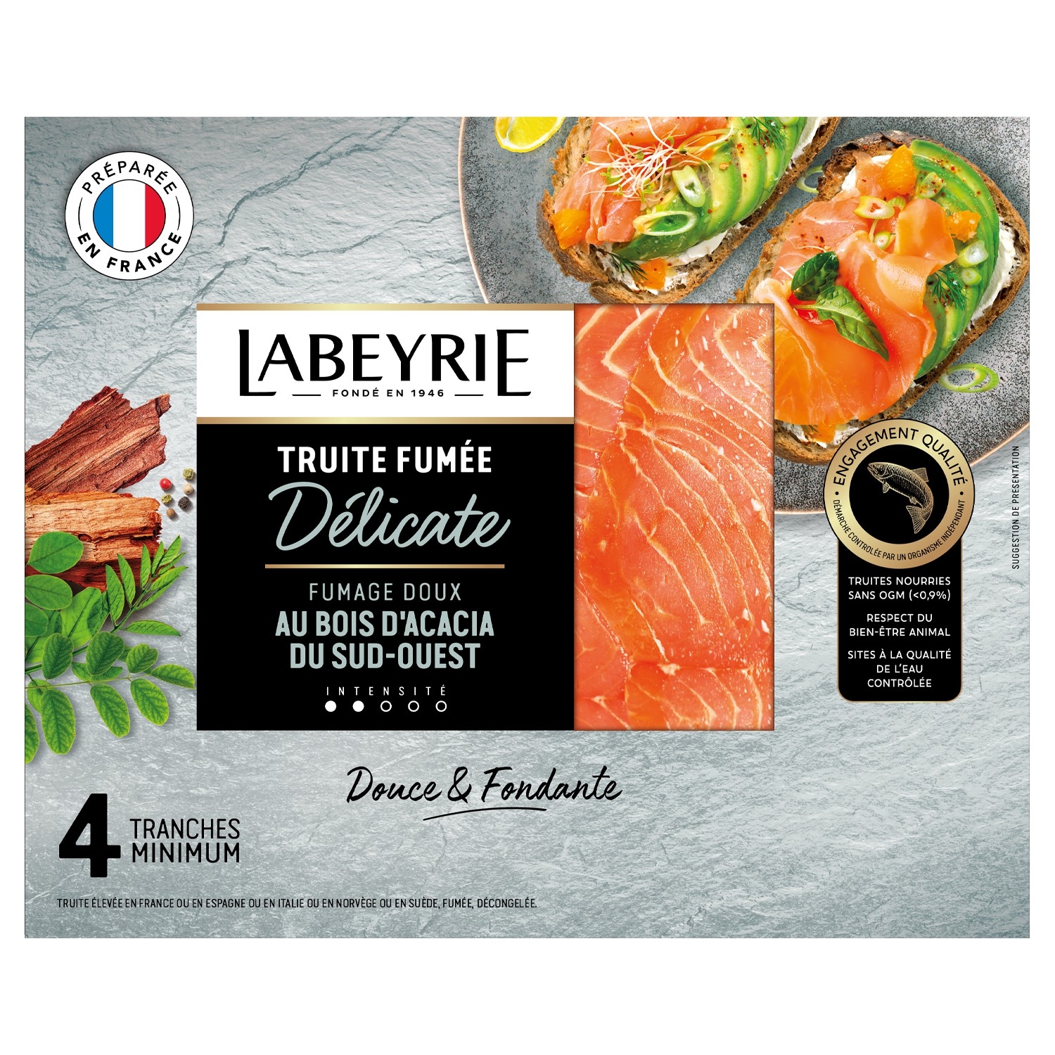 Truite fumée au bois d'acacia Délicate, 4 tranches 120 g - LABEYRIE