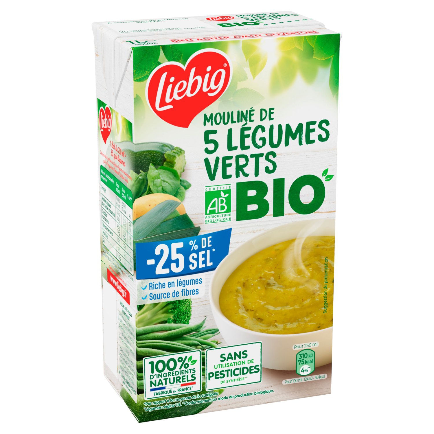 Soupe moulinée de 5 légumes verts bio -25 % de sel, 1 L - LIEBIG