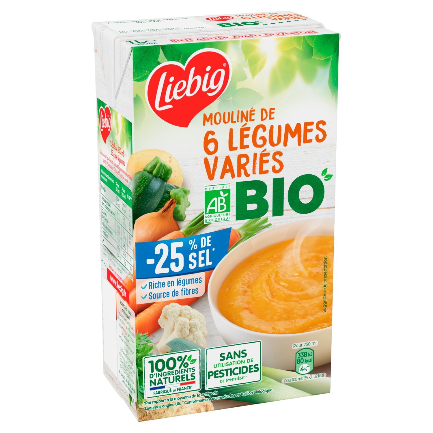 Soupe moulinée de 6 légumes variés bio -25 % de sel, 1 L - LIEBIG