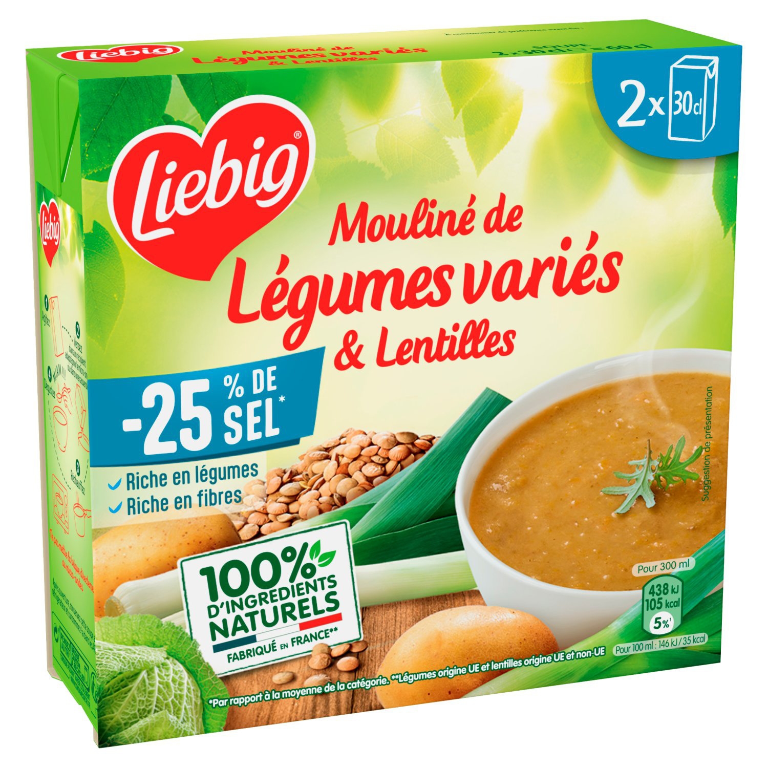 Soupe moulinée de légumes variés et lentilles -25 % de sel, 2 x 30 cl - LIEBIG