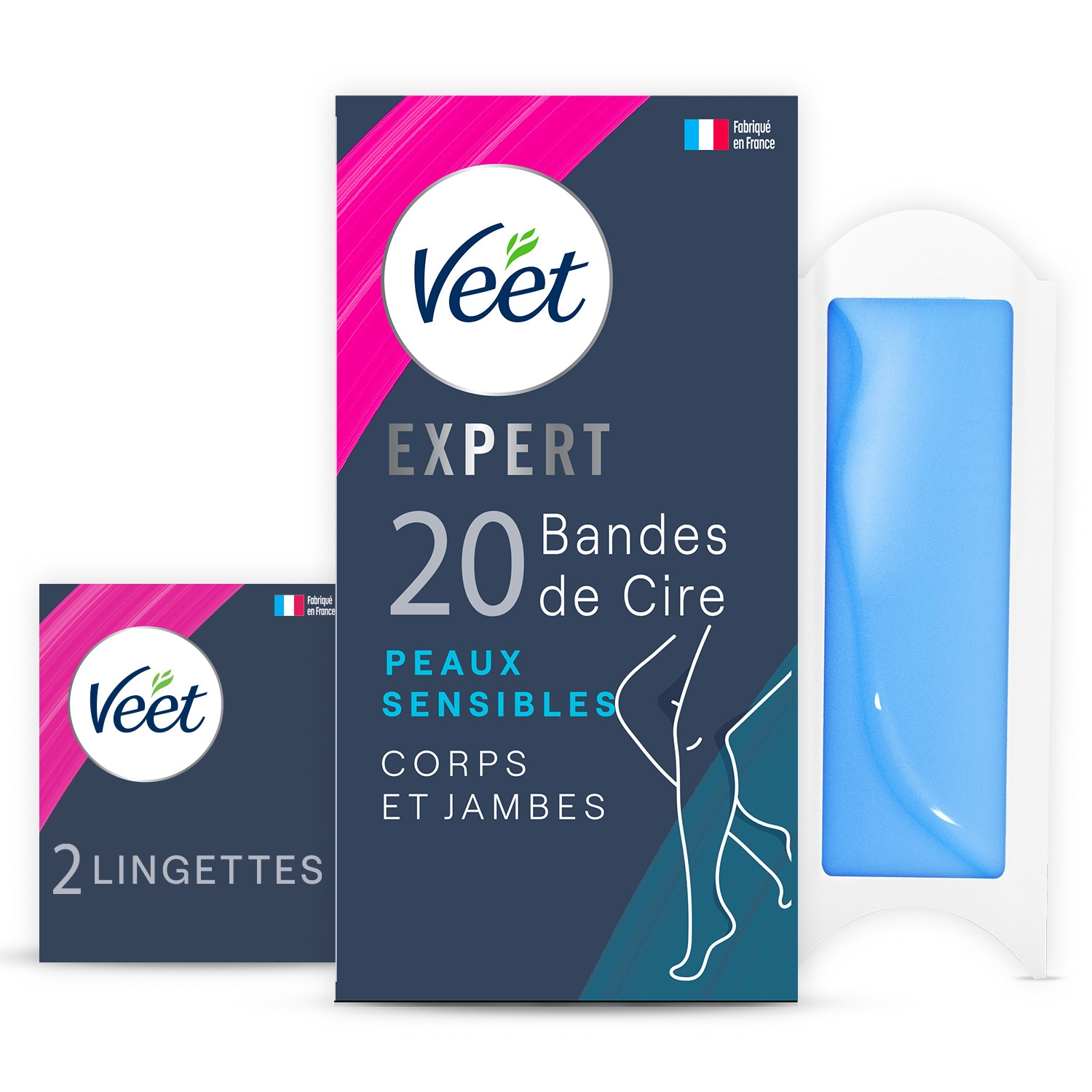 Bandes de cire Expert peaux sensibles corps et jambes, 20 bandes et 2 lingettes - VEET