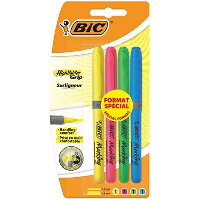 Bic Highlighter Grip Surligneurs Pointe Biseautée - Couleurs Fluo Assorties, Blister Format Spécial De 4