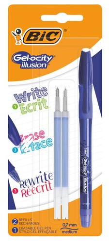 Bic Gel-ocity Illusion Stylo Gel Effaçable Pointe Moyenne (0,7 Mm) - Bleu, Blister De 1 + 2 Recharges