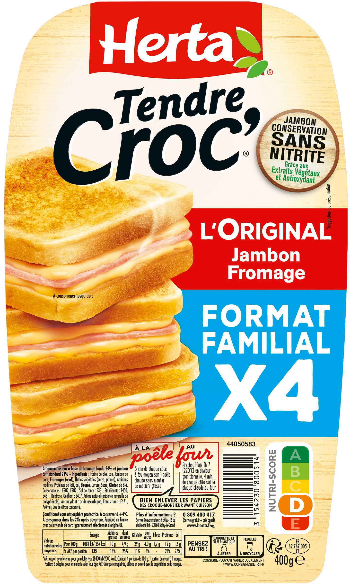 Croque-monsieur de presunto e queijo Tendre Croc' L'Original formato familiar x4, 400 g - HERTA