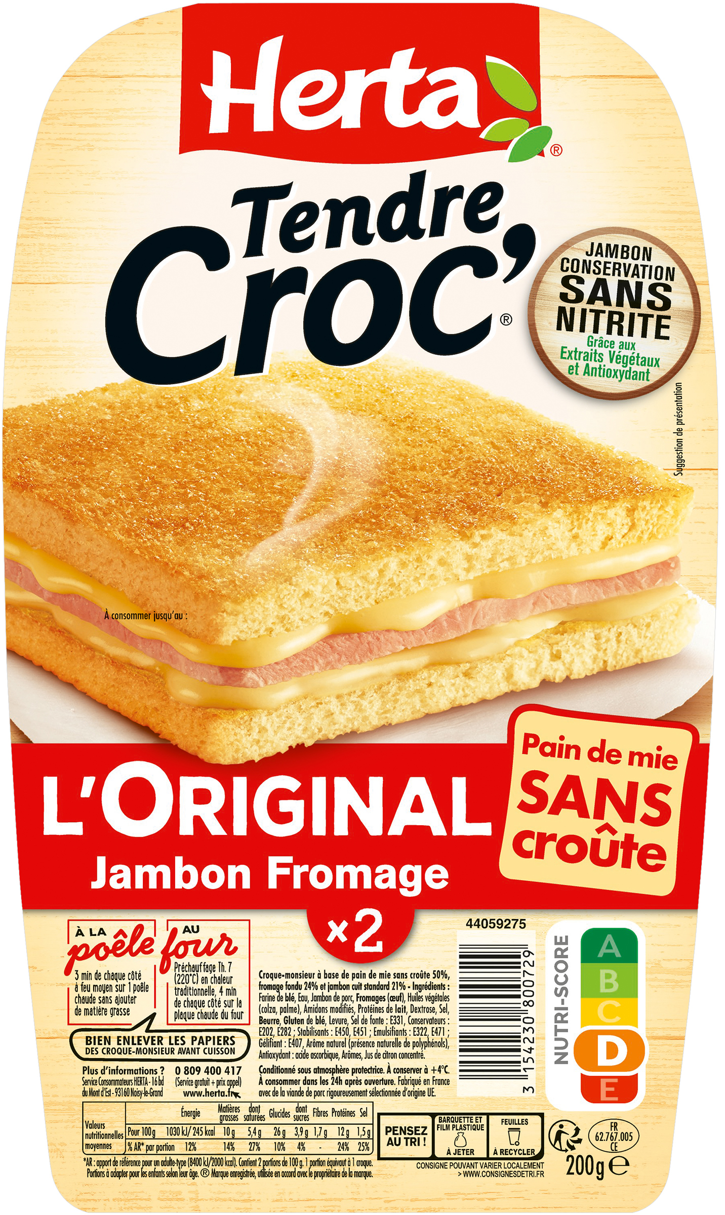Kabuksuz jambonlu peynirli croque-monsieur Tendre Croc' L'Original x2, 200 g - HERTA