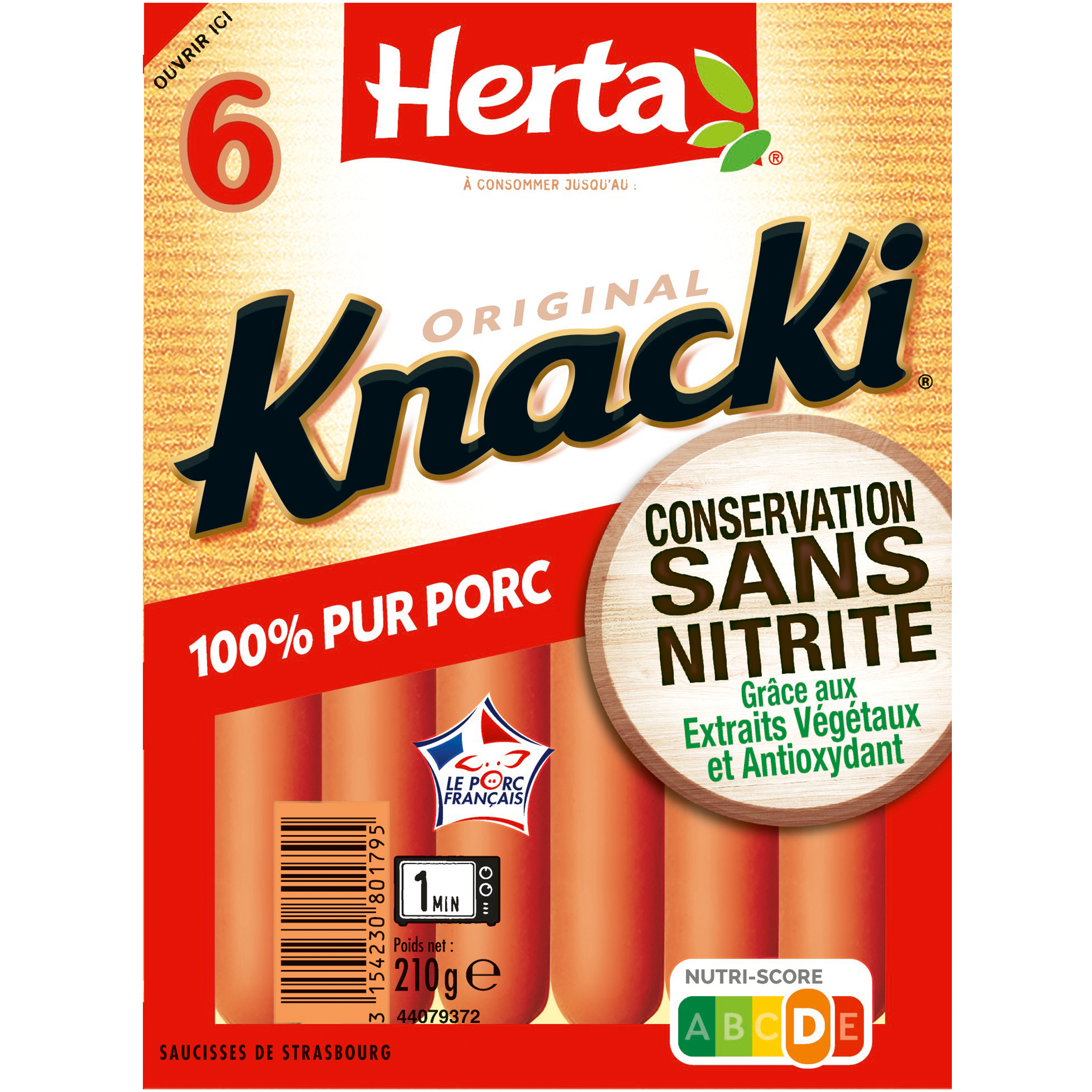 Saucisses Knacki Original 100% Pur Porc Conservation Sans Nitrite , 210g - HERTA
