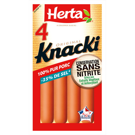 Knacki Original सॉसेज -25 % नमक, नाइट्राइट रहित x4 140 g - HERTA