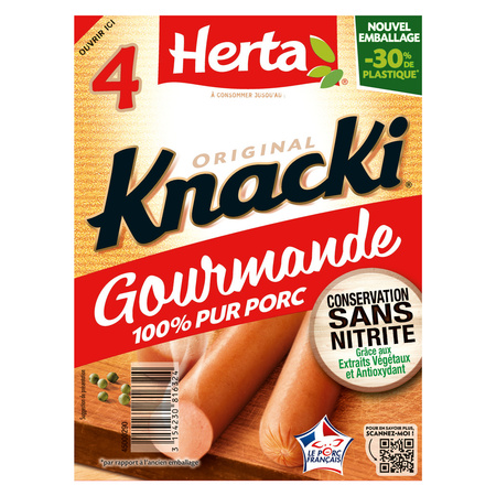 Saucisses Knacki Gourmande pur porc sans nitrite x4 280 g - HERTA