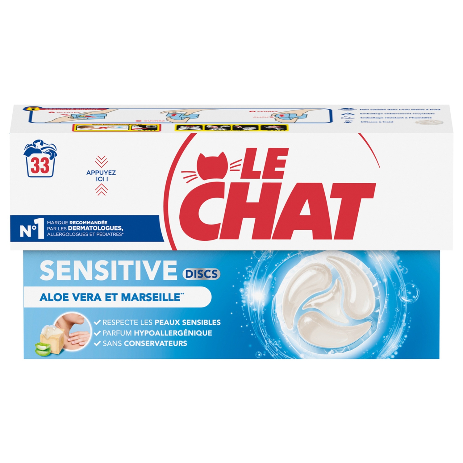 Lessive en discs Sensitive aloe vera et Marseille, x33 - LE CHAT