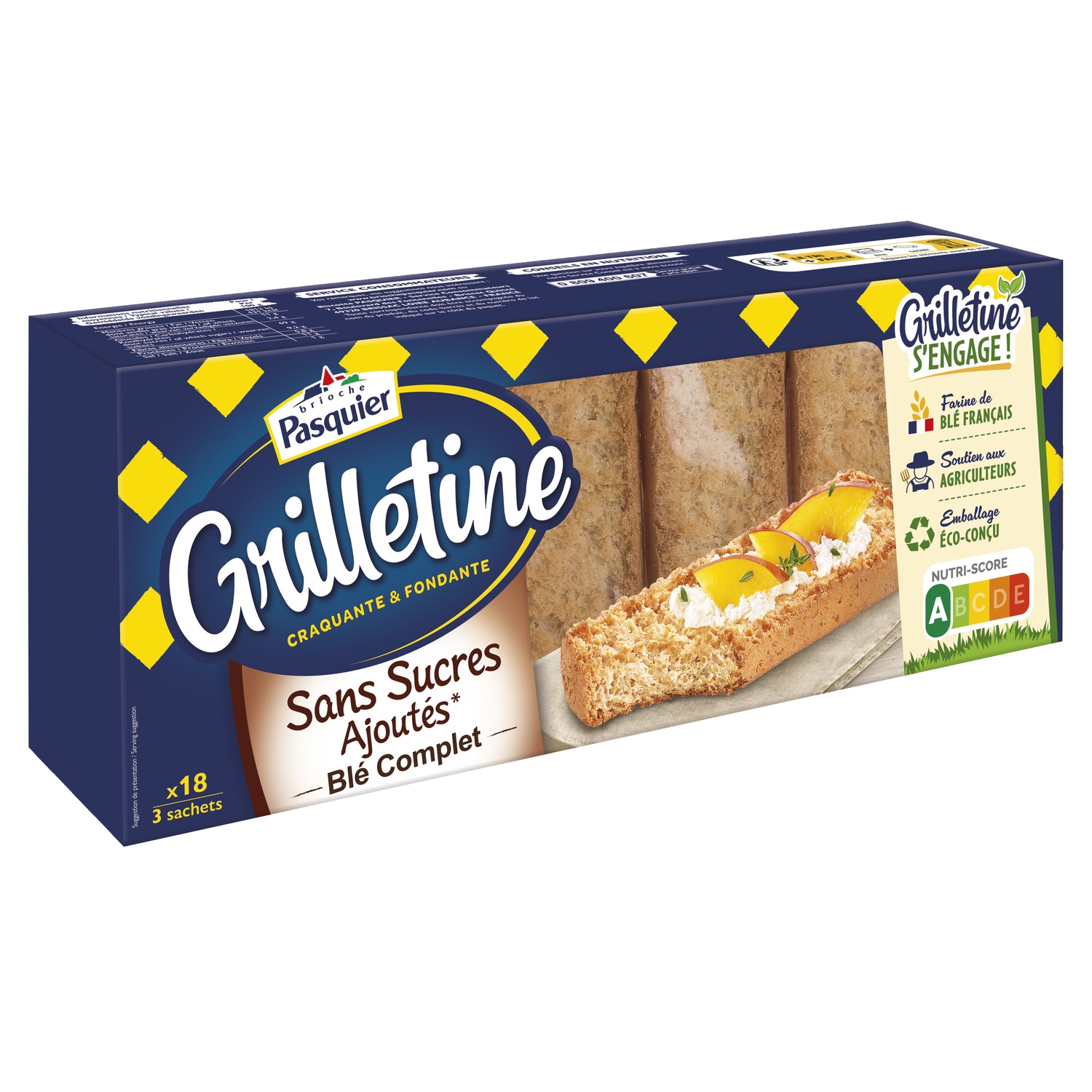 Pain grillé au blé complet sans sucres ajoutés x18, 255 g - PASQUIER GRILLETINE