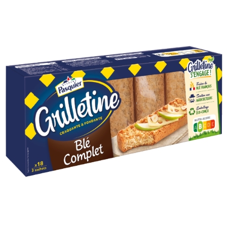 Grilletine blé complet craquante et fondante 18 tranches farine de blé français 255 g - PASQUIER