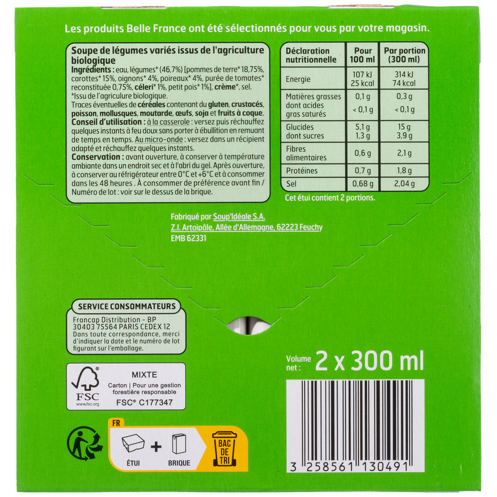 Velouté bio 7 légumes 2 x 30 cl - BELLE FRANCE
