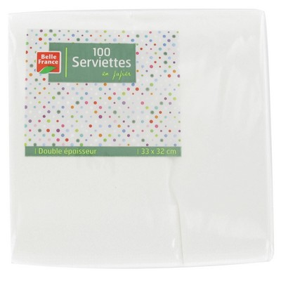 Serviettes en ouate blanches 33 x 33 cm 2 plis, x100 - BELLE FRANCE